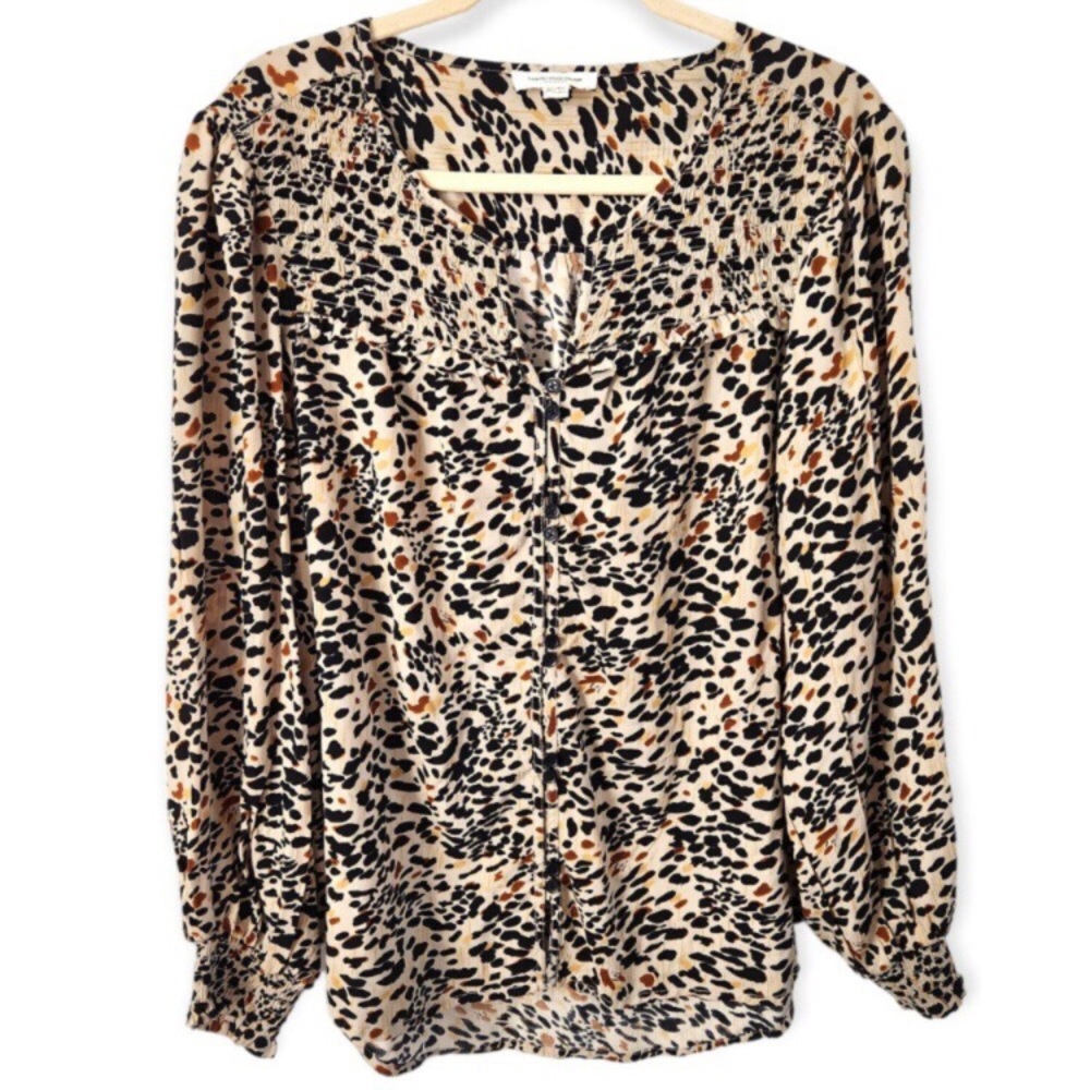 Beach Lunch Lounge Smocked Leopard Print Women's Top - Picture 3 of 7